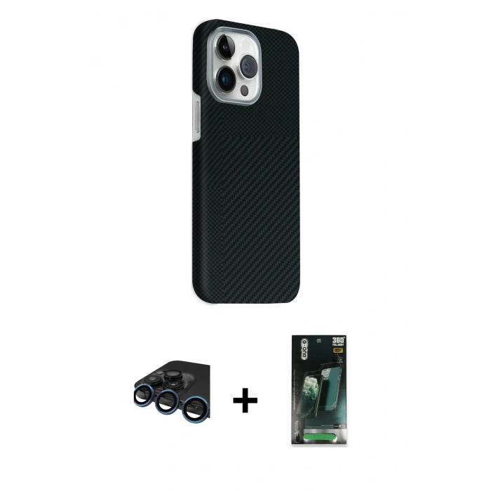 MARSİLYAN™- iPhone 15 Pro Max Kılıf Kozmos Klasik Prime - Siyah 360 Mat Full Body Arka Koruyucu + Raze Metal Kamera Lens - LT