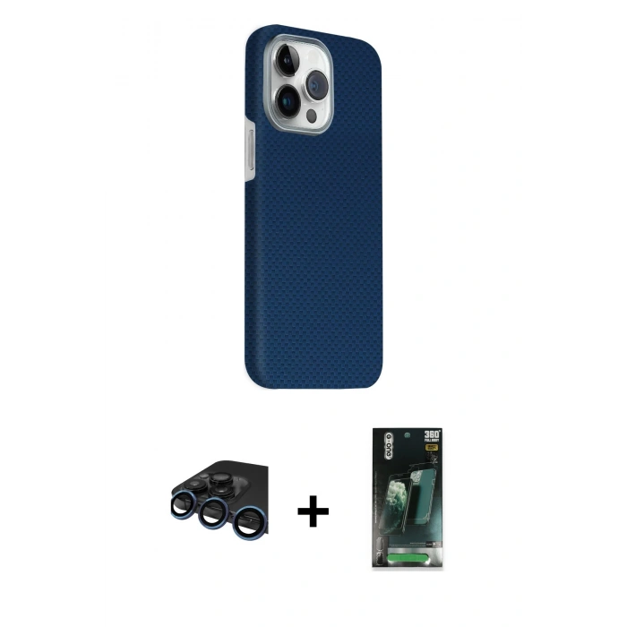 MARSİLYAN™- iPhone 15 Pro Max Kılıf Kozmos Klasik Prime - Siyah 360 Mat Full Body Arka Koruyucu + Raze Metal Kamera Lens - LT