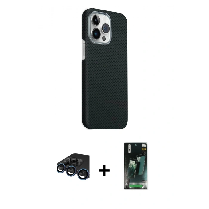 MARSİLYAN™- iPhone 15 Pro Max Kılıf Kozmos Klasik Prime - Siyah 360 Mat Full Body Arka Koruyucu + Raze Metal Kamera Lens - LT