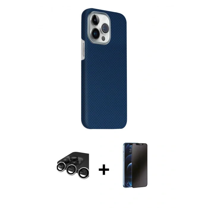 MARSİLYAN™- iPhone 15 Pro Max Kılıf Kozmos Klasik Prime - Siyah 3D Antistatik Hayalet Cam Ekran Koruyucu + Raze Metal Kamera Lens - GS