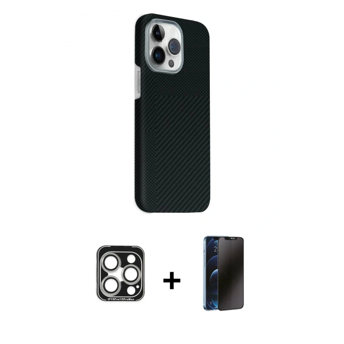 MARSİLYAN™- iPhone 15 Pro Max Kılıf Kozmos Klasik Prime - Siyah 3D Antistatik Hayalet Cam Ekran Koruyucu + PVD Metal Kamera Lens - GS