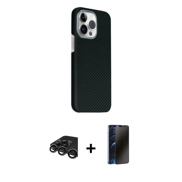 MARSİLYAN™- iPhone 15 Pro Max Kılıf Kozmos Klasik Prime - Siyah 3D Antistatik Hayalet Cam Ekran Koruyucu + Raze Metal Kamera Lens - TMGI