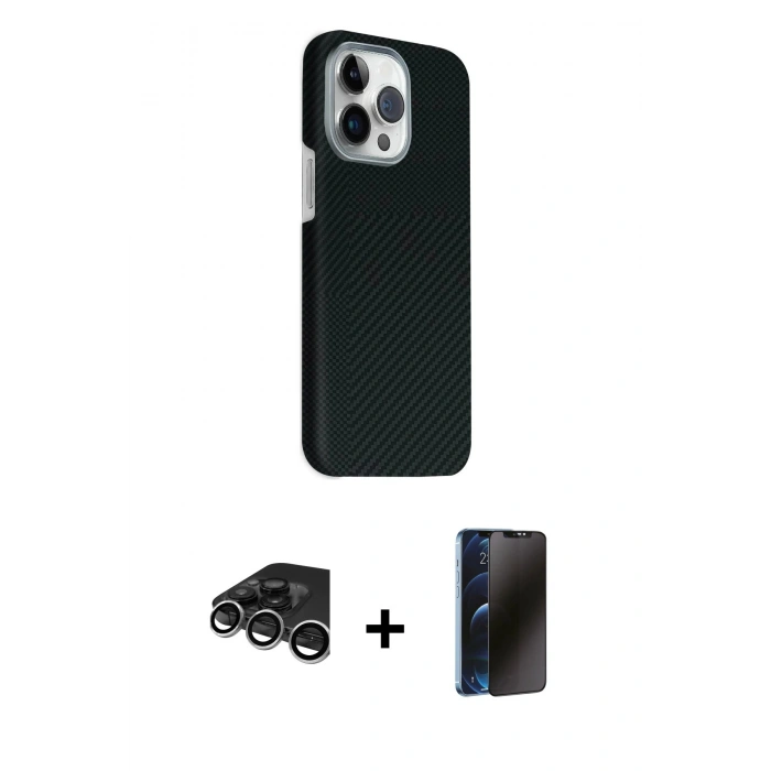 MARSİLYAN™- iPhone 15 Pro Max Kılıf Kozmos Klasik Prime - Siyah 3D Antistatik Hayalet Cam Ekran Koruyucu + Raze Metal Kamera Lens - GS