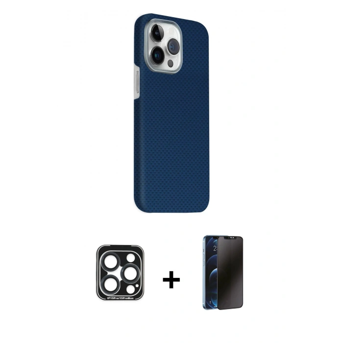 MARSİLYAN™- iPhone 15 Pro Max Kılıf Kozmos Klasik Prime - Siyah 3D Antistatik Hayalet Cam Ekran Koruyucu + PVD Metal Kamera Lens - LT