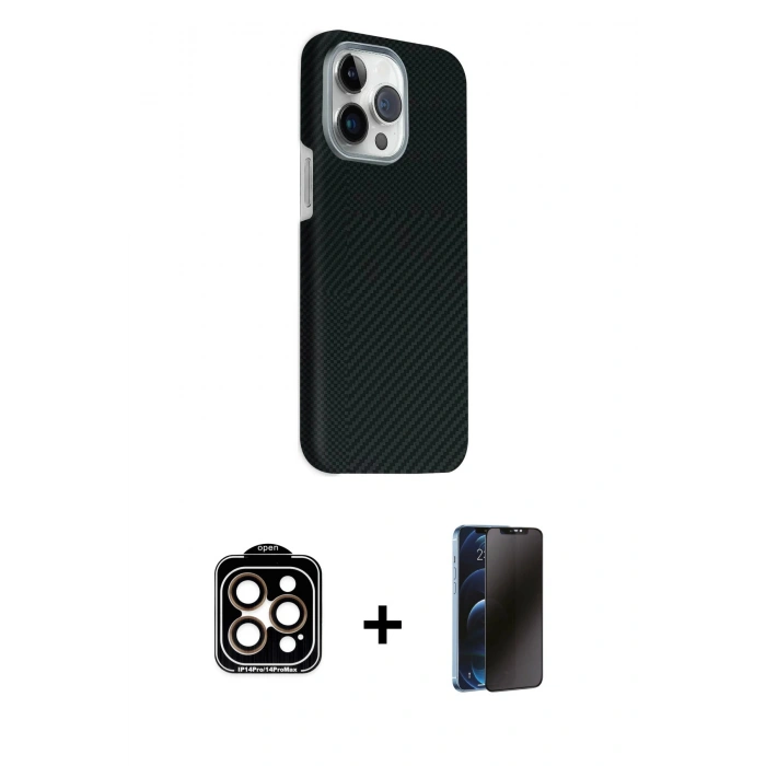 MARSİLYAN™- iPhone 15 Pro Max Kılıf Kozmos Klasik Prime - Siyah 3D Antistatik Hayalet Cam Ekran Koruyucu + PVD Metal Kamera Lens - TU
