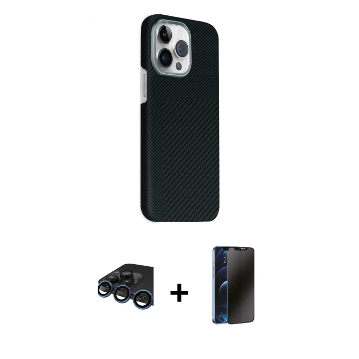 MARSİLYAN™- iPhone 15 Pro Max Kılıf Kozmos Klasik Prime - Siyah 3D Antistatik Hayalet Cam Ekran Koruyucu + Raze Metal Kamera Lens - LT