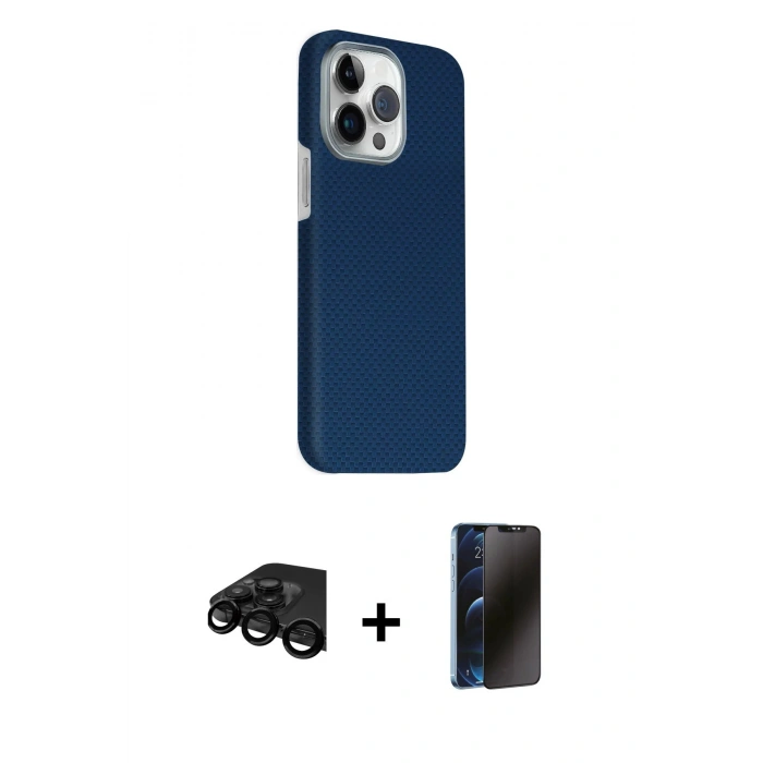 MARSİLYAN™- iPhone 15 Pro Max Kılıf Kozmos Klasik Prime - Siyah 3D Antistatik Hayalet Cam Ekran Koruyucu + Raze Metal Kamera Lens - SH