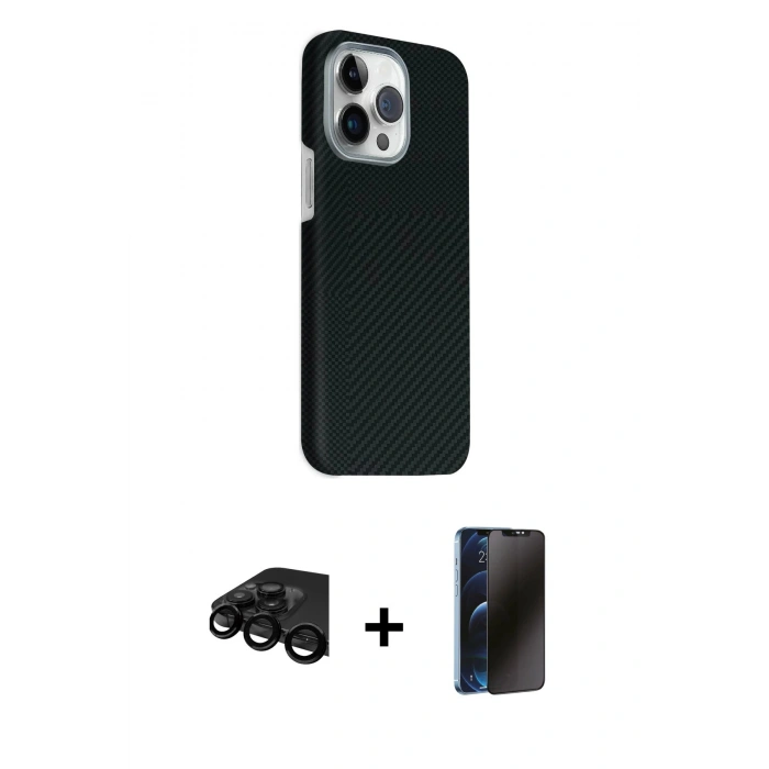 MARSİLYAN™- iPhone 15 Pro Max Kılıf Kozmos Klasik Prime - Siyah 3D Antistatik Hayalet Cam Ekran Koruyucu + Raze Metal Kamera Lens - SH
