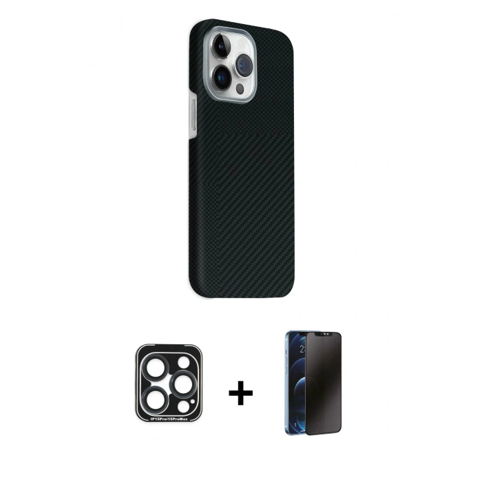 MARSİLYAN™- iPhone 15 Pro Max Kılıf Kozmos Klasik Prime - Siyah 3D Antistatik Hayalet Cam Ekran Koruyucu + PVD Metal Kamera Lens - LT