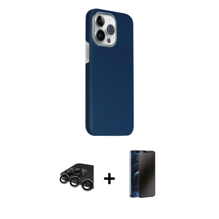 MARSİLYAN™- iPhone 15 Pro Max Kılıf Kozmos Klasik Prime - Siyah 3D Antistatik Hayalet Cam Ekran Koruyucu + Raze Metal Kamera Lens - TMGI