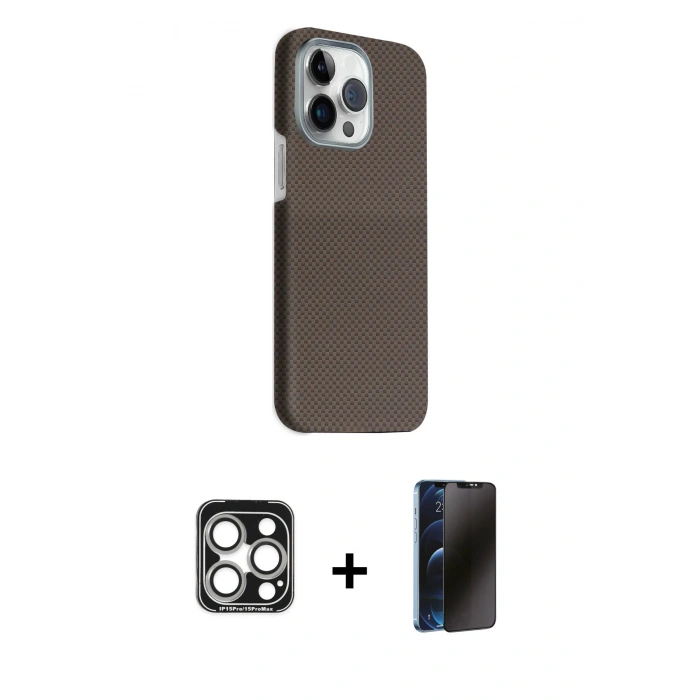 MARSİLYAN™- iPhone 15 Pro Max Kılıf Kozmos Klasik Prime - Siyah 3D Antistatik Hayalet Cam Ekran Koruyucu + PVD Metal Kamera Lens - GS