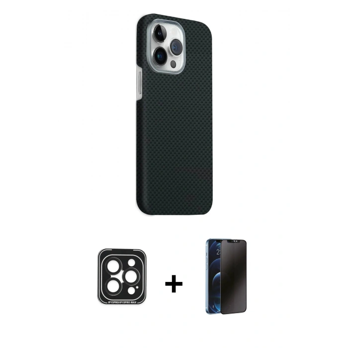 MARSİLYAN™- iPhone 15 Pro Max Kılıf Kozmos Klasik Prime - Siyah 3D Antistatik Hayalet Cam Ekran Koruyucu + PVD Metal Kamera Lens - SH