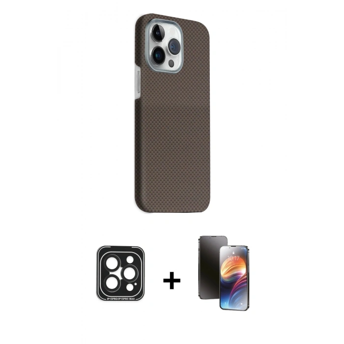MARSİLYAN™- iPhone 15 Pro Max Kılıf Kozmos Klasik Prime - Siyah 3D Antistatik Mat Seramik Nano Ekran Koruyucu + Siyah PVD Metal Kamera Lens