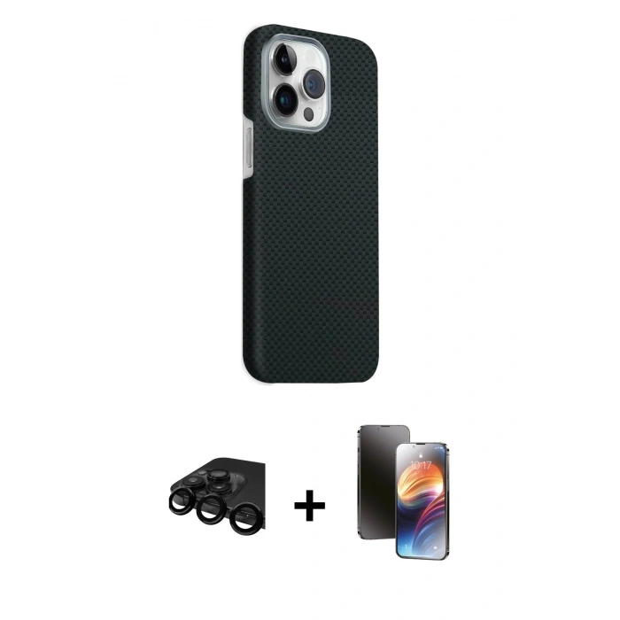 MARSİLYAN™- iPhone 15 Pro Max Kılıf Kozmos Klasik Prime - Siyah 3D Antistatik Mat Seramik Nano Ekran Koruyucu + Raze Metal Kamera Lens - SH