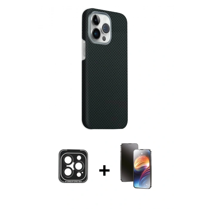MARSİLYAN™- iPhone 15 Pro Max Kılıf Kozmos Klasik Prime - Siyah 3D Antistatik Mat Seramik Nano Ekran Koruyucu + Siyah PVD Metal Kamera Lens