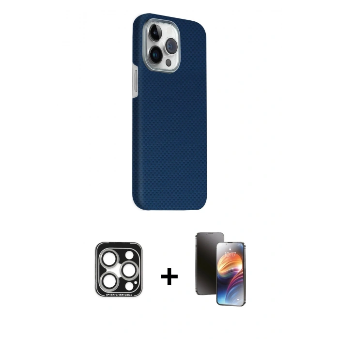 MARSİLYAN™- iPhone 15 Pro Max Kılıf Kozmos Klasik Prime - Siyah 3D Antistatik Mat Seramik Nano Ekran Koruyucu + PVD Metal Kamera Lens - GS