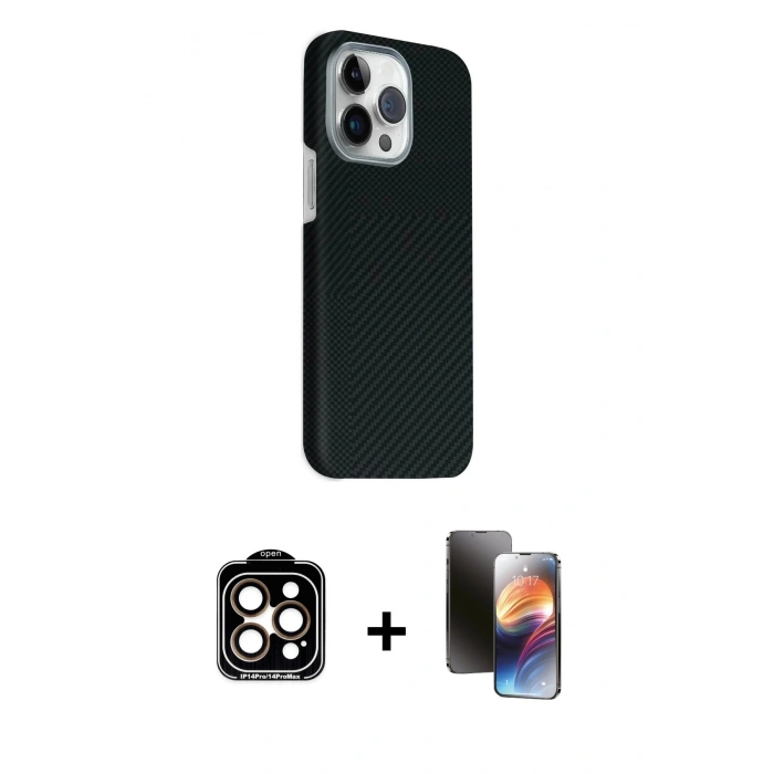 MARSİLYAN™- iPhone 15 Pro Max Kılıf Kozmos Klasik Prime - Siyah 3D Antistatik Mat Seramik Nano Ekran Koruyucu + PVD Metal Kamera Lens - TU