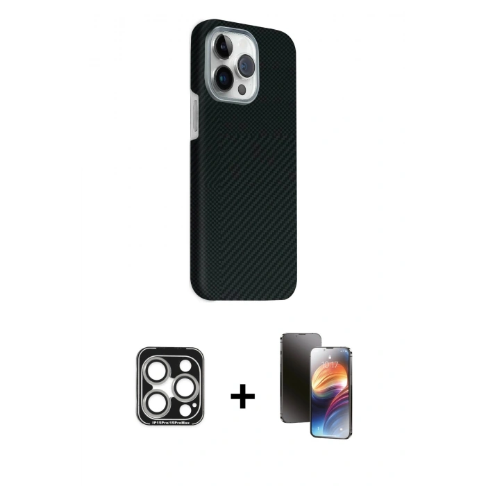 MARSİLYAN™- iPhone 15 Pro Max Kılıf Kozmos Klasik Prime - Siyah 3D Antistatik Mat Seramik Nano Ekran Koruyucu + PVD Metal Kamera Lens - GS