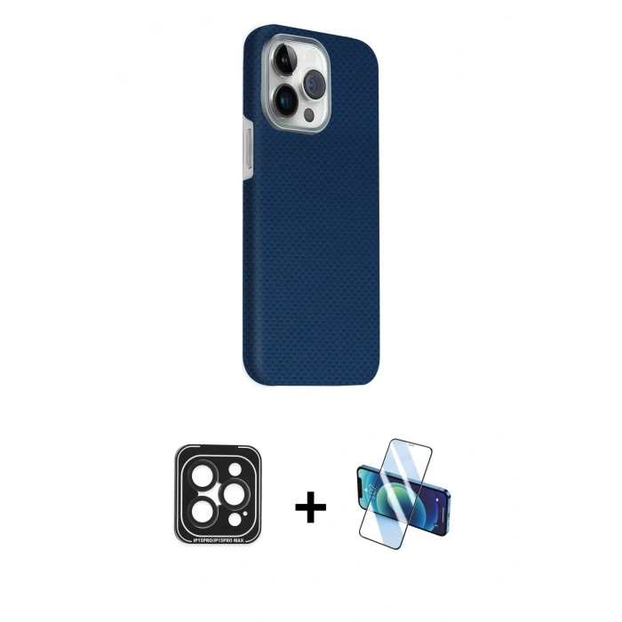 MARSİLYAN™- iPhone 15 Pro Max Kılıf Kozmos Klasik Prime - Siyah 3D Antistatik Seramik Nano Ekran Koruyucu + PVD Metal Kamera Lens - SH