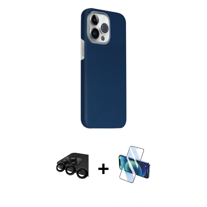 MARSİLYAN™- iPhone 15 Pro Max Kılıf Kozmos Klasik Prime - Siyah 3D Antistatik Seramik Nano Ekran Koruyucu + Raze Metal Kamera Lens - SH
