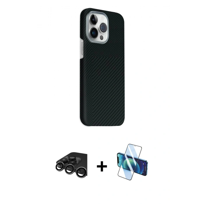 MARSİLYAN™- iPhone 15 Pro Max Kılıf Kozmos Klasik Prime - Siyah 3D Antistatik Seramik Nano Ekran Koruyucu + Titanyum Gri Raze Metal Kamera Lens