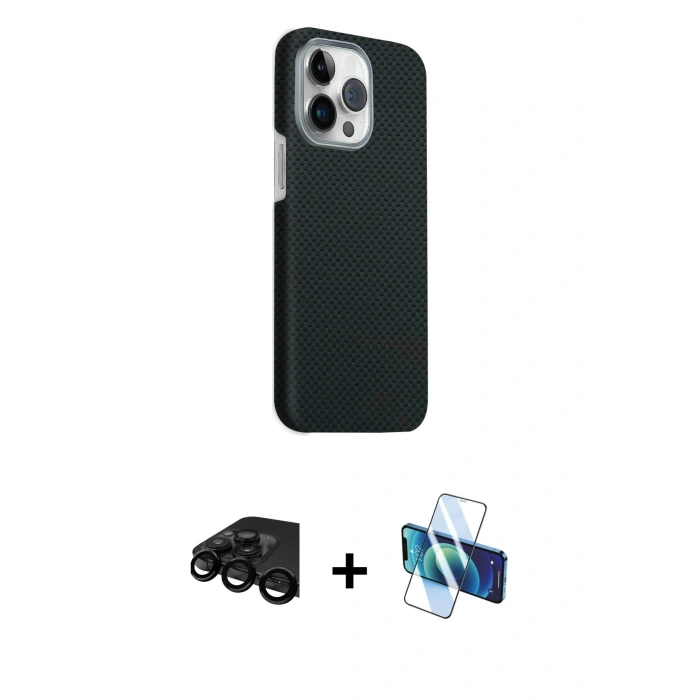 MARSİLYAN™- iPhone 15 Pro Max Kılıf Kozmos Klasik Prime - Siyah 3D Antistatik Seramik Nano Ekran Koruyucu + Raze Metal Kamera Lens - SH