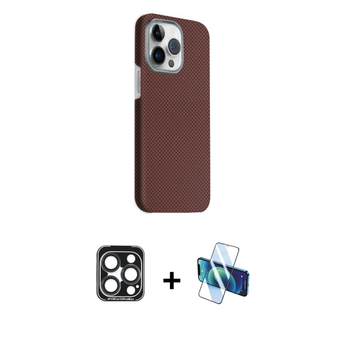MARSİLYAN™- iPhone 15 Pro Max Kılıf Kozmos Klasik Prime - Siyah 3D Antistatik Seramik Nano Ekran Koruyucu + PVD Metal Kamera Lens - LT