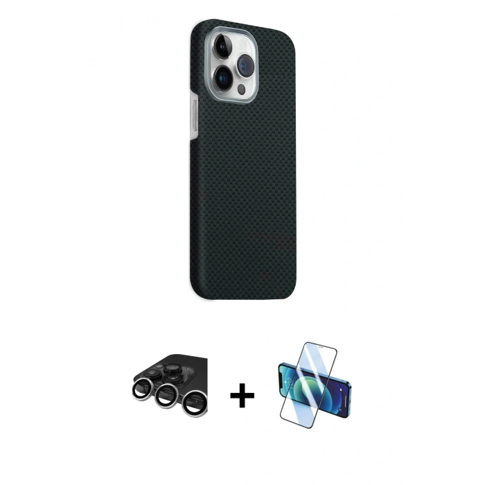 MARSİLYAN™- iPhone 15 Pro Max Kılıf Kozmos Klasik Prime - Siyah 3D Antistatik Seramik Nano Ekran Koruyucu + Raze Metal Kamera Lens - GS