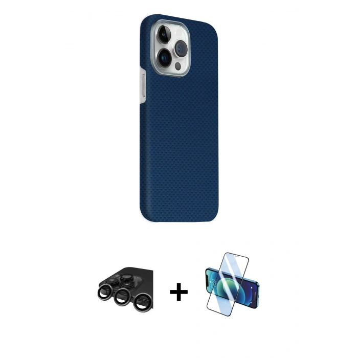 MARSİLYAN™- iPhone 15 Pro Max Kılıf Kozmos Klasik Prime - Siyah 3D Antistatik Seramik Nano Ekran Koruyucu + Titanyum Gri Raze Metal Kamera Lens