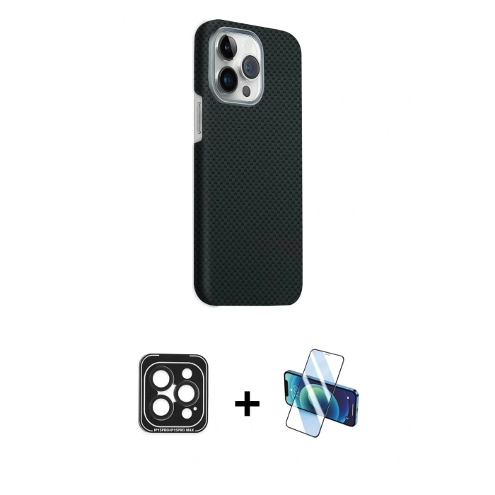 MARSİLYAN™- iPhone 15 Pro Max Kılıf Kozmos Klasik Prime - Siyah 3D Antistatik Seramik Nano Ekran Koruyucu + PVD Metal Kamera Lens - SH