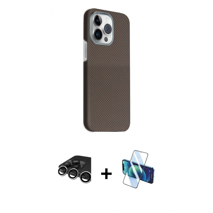 MARSİLYAN™- iPhone 15 Pro Max Kılıf Kozmos Klasik Prime - Siyah 3D Antistatik Seramik Nano Ekran Koruyucu + Raze Metal Kamera Lens - GS