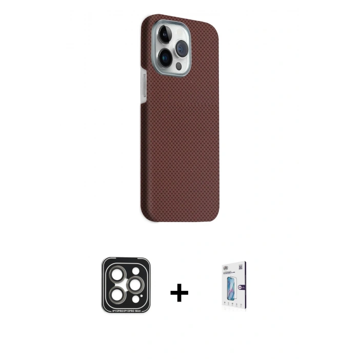 MARSİLYAN™- iPhone 15 Pro Max Kılıf Kozmos Klasik Prime - Siyah Bilvis 0.18mm Plus Cam Ekran Koruyucu + PVD Metal Kamera Lens - GI