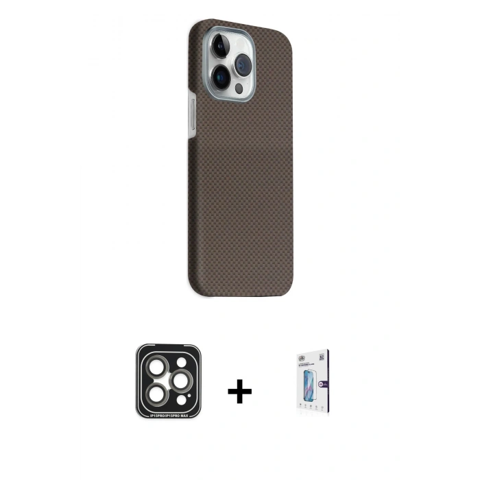 MARSİLYAN™- iPhone 15 Pro Max Kılıf Kozmos Klasik Prime - Siyah Bilvis 0.18mm Plus Cam Ekran Koruyucu + PVD Metal Kamera Lens - GI