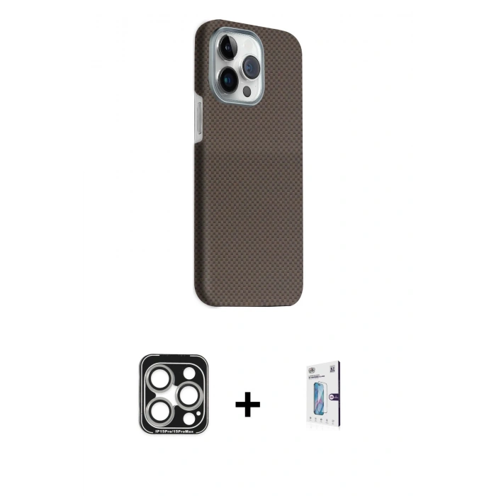 MARSİLYAN™- iPhone 15 Pro Max Kılıf Kozmos Klasik Prime - Siyah Bilvis 0.18mm Plus Cam Ekran Koruyucu + PVD Metal Kamera Lens - GS