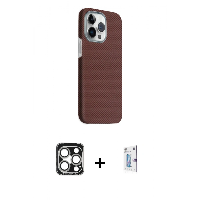 MARSİLYAN™- iPhone 15 Pro Max Kılıf Kozmos Klasik Prime - Siyah Bilvis 0.18mm Plus Cam Ekran Koruyucu + PVD Metal Kamera Lens - GS