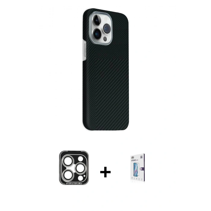 MARSİLYAN™- iPhone 15 Pro Max Kılıf Kozmos Klasik Prime - Siyah Bilvis 0.18mm Plus Cam Ekran Koruyucu + PVD Metal Kamera Lens - GS