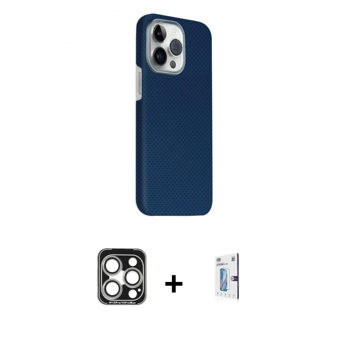 MARSİLYAN™- iPhone 15 Pro Max Kılıf Kozmos Klasik Prime - Siyah Bilvis 0.18mm Plus Cam Ekran Koruyucu + PVD Metal Kamera Lens - GS