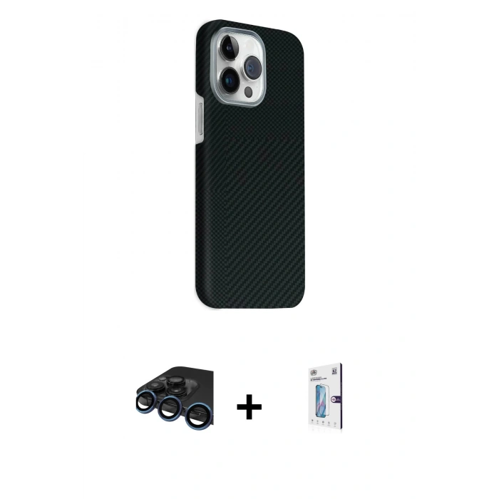 MARSİLYAN™- iPhone 15 Pro Max Kılıf Kozmos Klasik Prime - Siyah Bilvis 0.18mm Plus Cam Ekran Koruyucu + Lacivert Raze Metal Kamera Lens