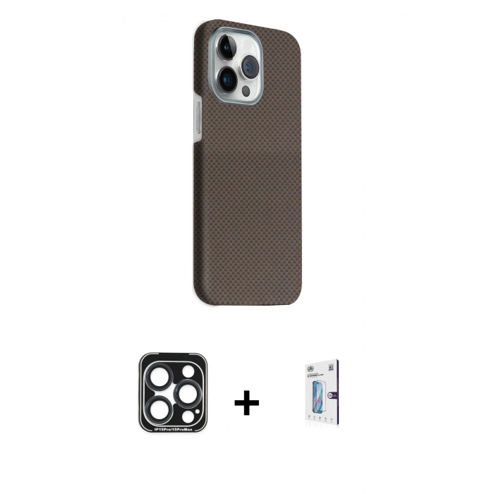 MARSİLYAN™- iPhone 15 Pro Max Kılıf Kozmos Klasik Prime - Siyah Bilvis 0.18mm Plus Cam Ekran Koruyucu + PVD Metal Kamera Lens - LT