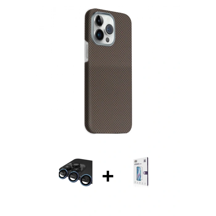 MARSİLYAN™- iPhone 15 Pro Max Kılıf Kozmos Klasik Prime - Siyah Bilvis 0.18mm Plus Cam Ekran Koruyucu + Lacivert Raze Metal Kamera Lens