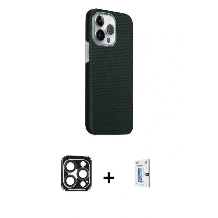 MARSİLYAN™- iPhone 15 Pro Max Kılıf Kozmos Klasik Prime - Siyah Bilvis 0.18mm Plus Cam Ekran Koruyucu + PVD Metal Kamera Lens - LT