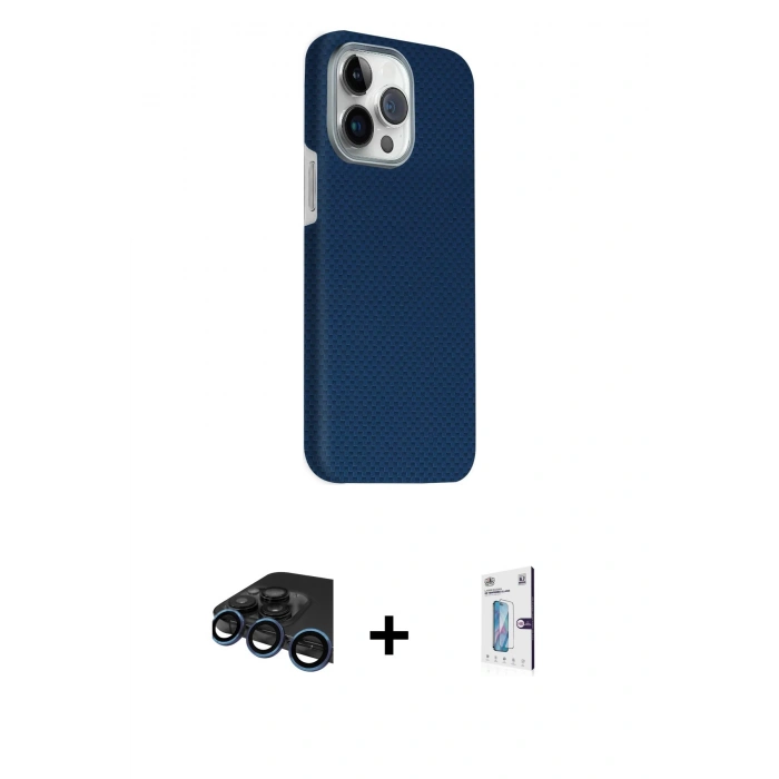 MARSİLYAN™- iPhone 15 Pro Max Kılıf Kozmos Klasik Prime - Siyah Bilvis 0.18mm Plus Cam Ekran Koruyucu + Lacivert Raze Metal Kamera Lens