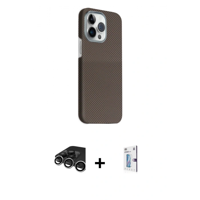 MARSİLYAN™- iPhone 15 Pro Max Kılıf Kozmos Klasik Prime - Siyah Bilvis 0.18mm Plus Cam Ekran Koruyucu + Raze Metal Kamera Lens - GS