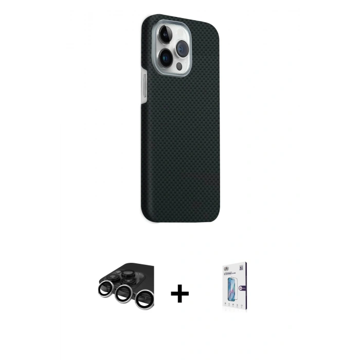 MARSİLYAN™- iPhone 15 Pro Max Kılıf Kozmos Klasik Prime - Siyah Bilvis 0.18mm Plus Cam Ekran Koruyucu + Raze Metal Kamera Lens - GS