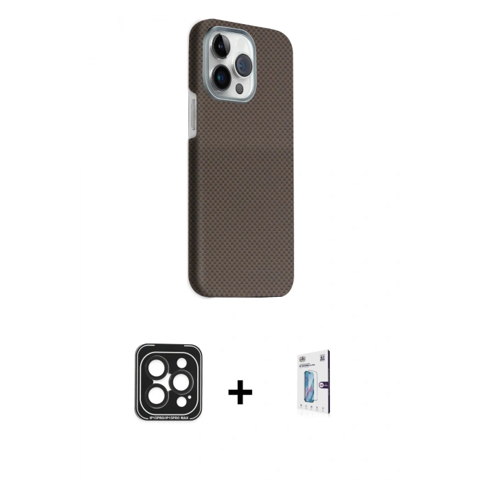 MARSİLYAN™- iPhone 15 Pro Max Kılıf Kozmos Klasik Prime - Siyah Bilvis 0.18mm Plus Cam Ekran Koruyucu + PVD Metal Kamera Lens - SH