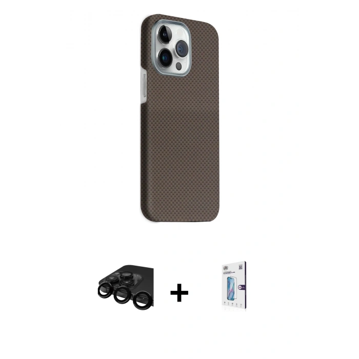 MARSİLYAN™- iPhone 15 Pro Max Kılıf Kozmos Klasik Prime - Siyah Bilvis 0.18mm Plus Cam Ekran Koruyucu + Raze Metal Kamera Lens - SH