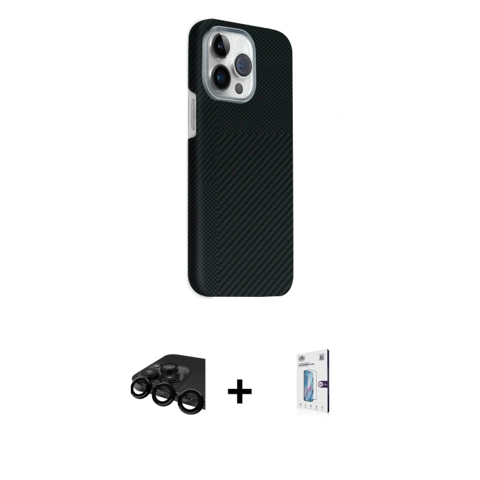 MARSİLYAN™- iPhone 15 Pro Max Kılıf Kozmos Klasik Prime - Siyah Bilvis 0.18mm Plus Cam Ekran Koruyucu + Raze Metal Kamera Lens - SH