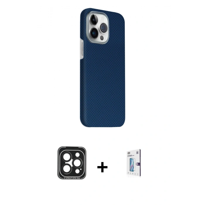 MARSİLYAN™- iPhone 15 Pro Max Kılıf Kozmos Klasik Prime - Siyah Bilvis 0.18mm Plus Cam Ekran Koruyucu + PVD Metal Kamera Lens - SH
