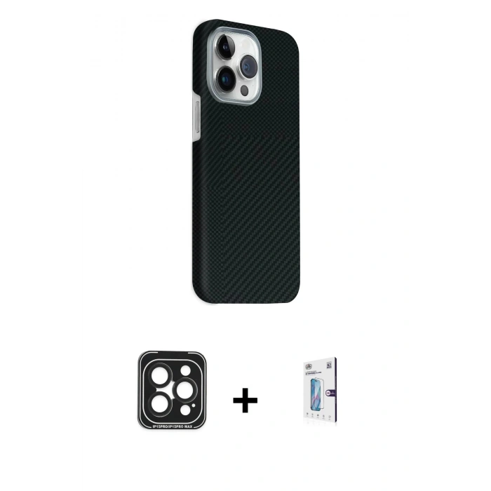 MARSİLYAN™- iPhone 15 Pro Max Kılıf Kozmos Klasik Prime - Siyah Bilvis 0.18mm Plus Cam Ekran Koruyucu + PVD Metal Kamera Lens - SH