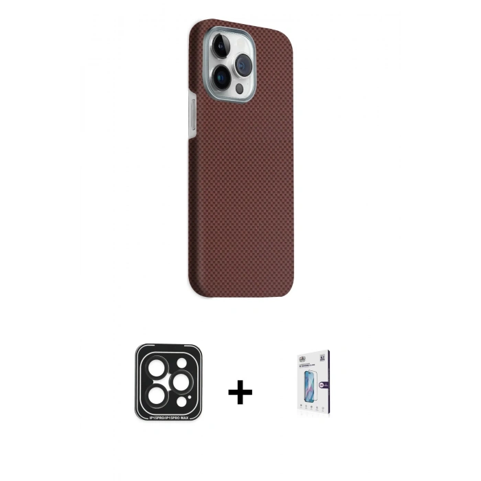MARSİLYAN™- iPhone 15 Pro Max Kılıf Kozmos Klasik Prime - Siyah Bilvis 0.18mm Plus Cam Ekran Koruyucu + PVD Metal Kamera Lens - SH